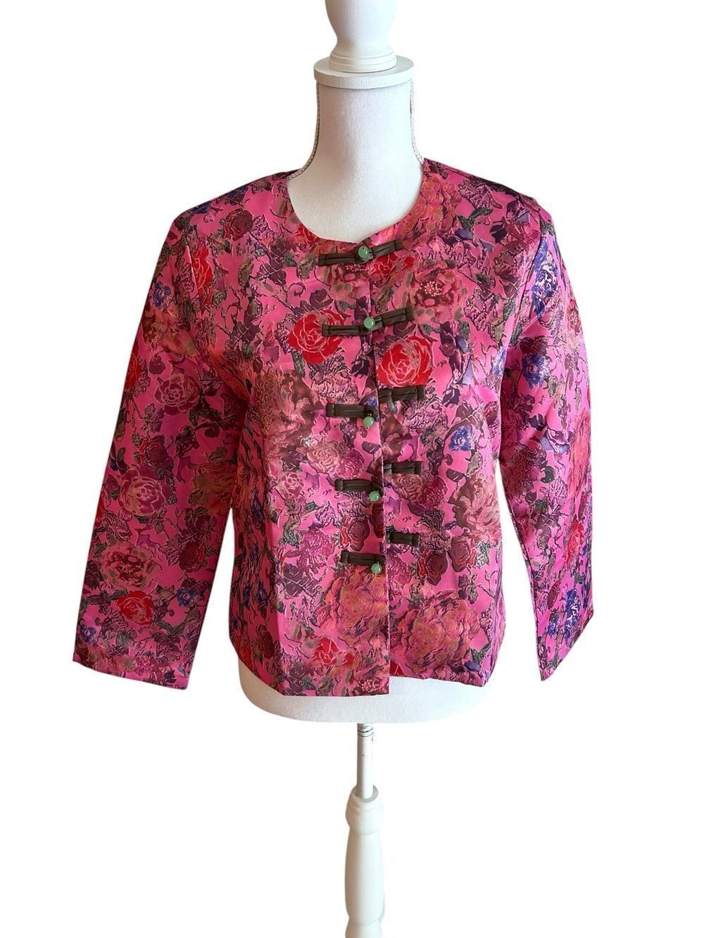 Easel Asian Chinese Pink Floral Top Frog Buttons Size Small
